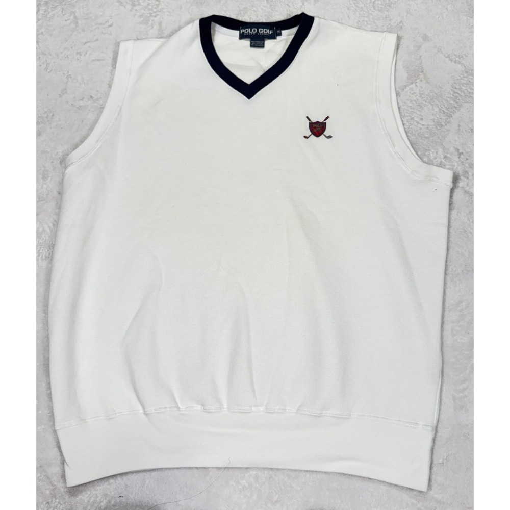 Vintage Polo Golf Ralph Lauren Sweater Vest Mens Medium White Knit V Neck Preppy